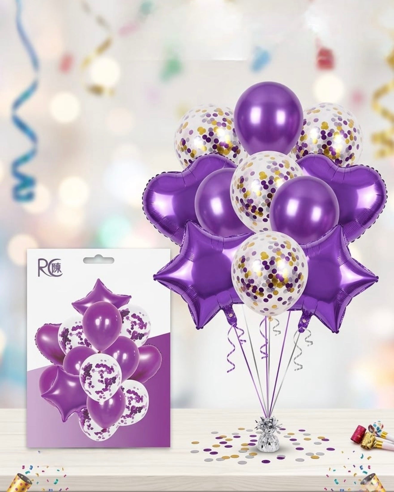 Purple Party Balloon Bouquet Set – Foil & Confetti Mix #BS3212