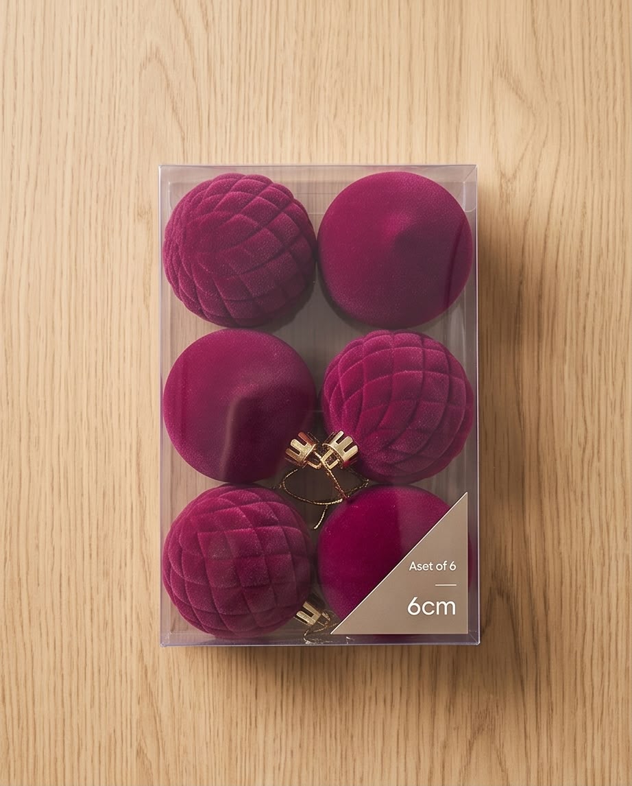 Velvet-Flocked Christmas Tree Ornaments – 6cm, Set of 6 #CB4369
