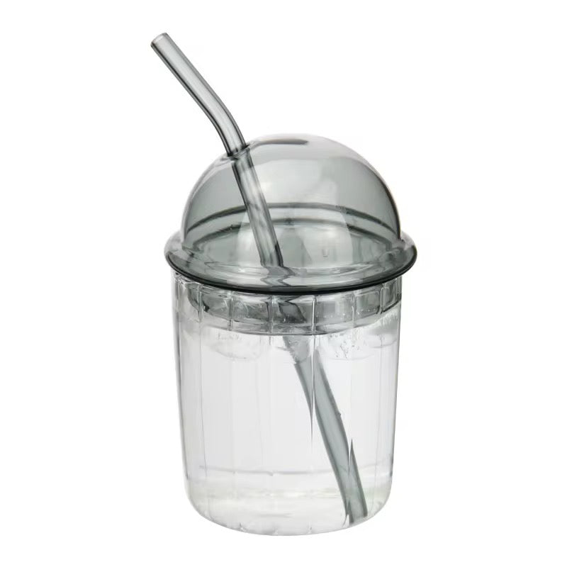 Ribbed Glass Cup with Dome Lid & Glass Straw #GM3969