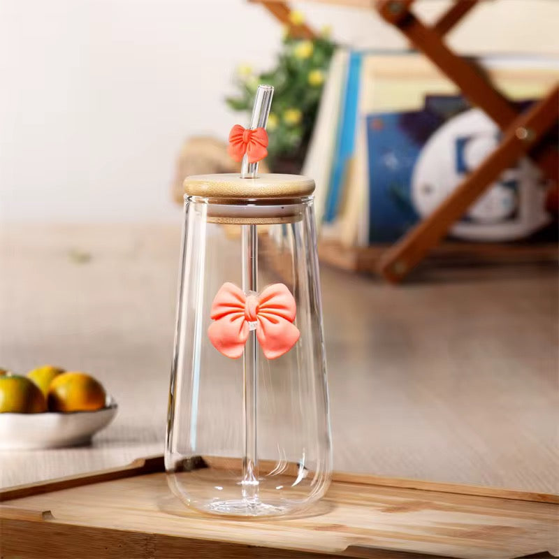 400ml Glass Milk & Coffee Bottle with Bow Silicone Decor – Bamboo Lid & Straw #GJ2578