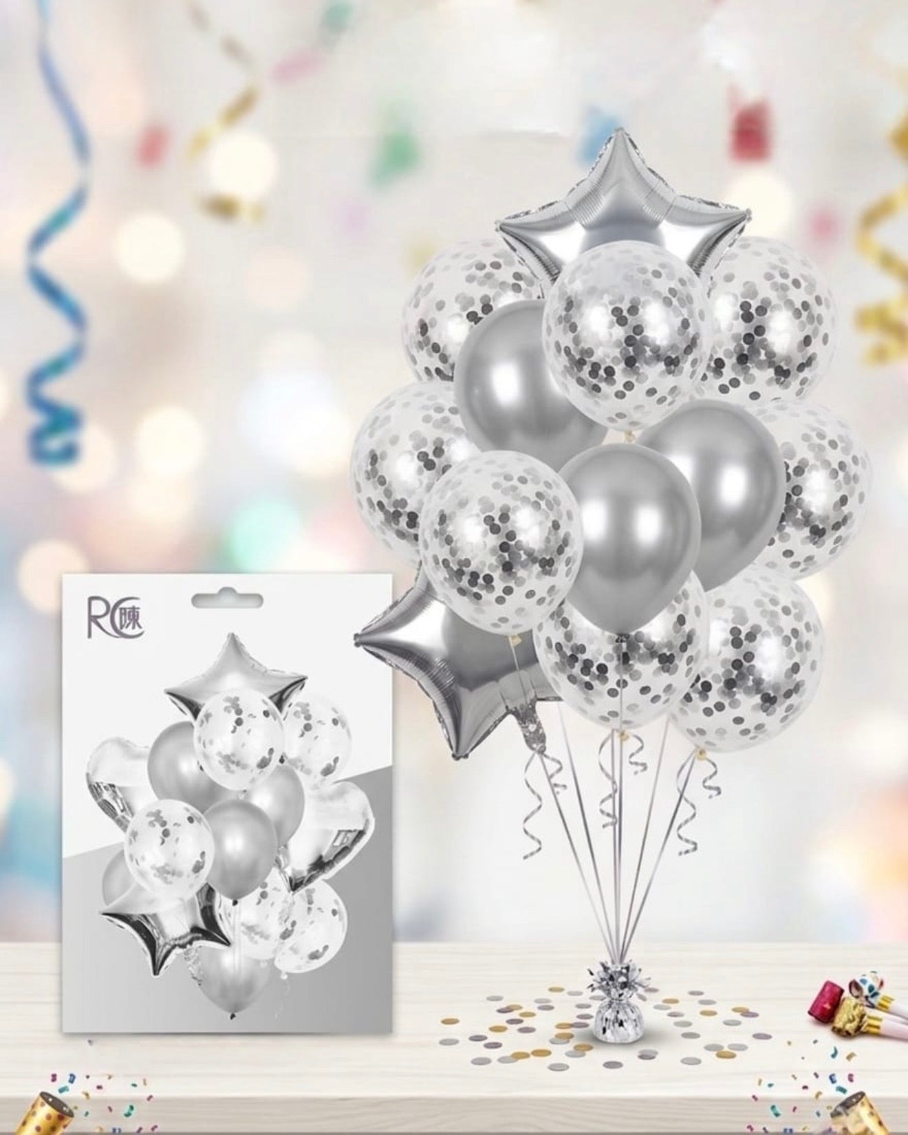 Silver Luxury Balloon Bouquet Set – Foil Star & Confetti Collection #BS3214