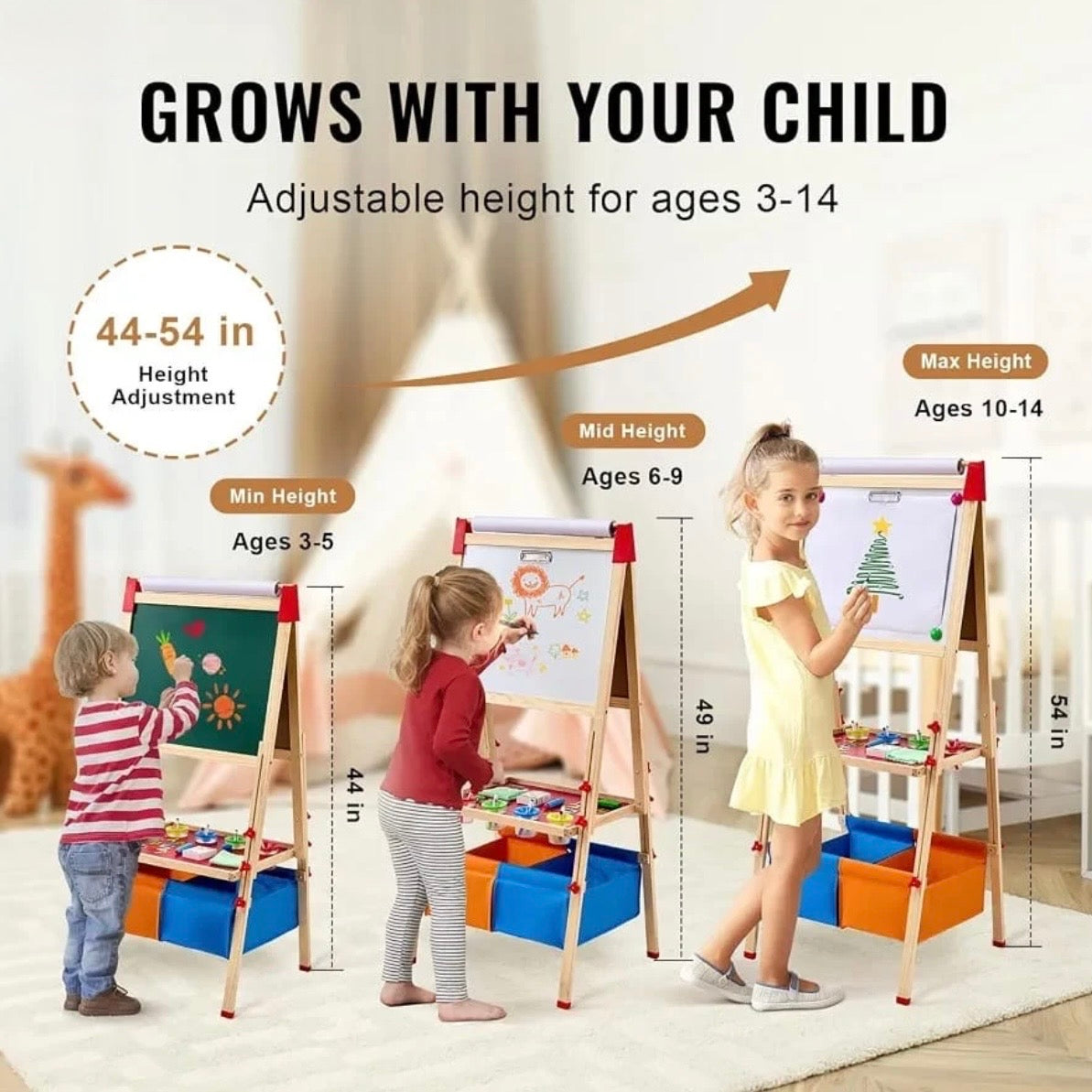 Adjustable Double-Sided Kids Easel with Paper Roll & Storage Bins #DE4002