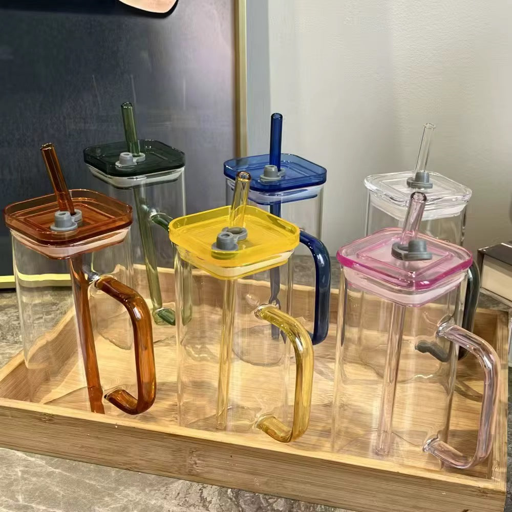 Glass Cup With Glass Lid and Straw With Handle #GC2020