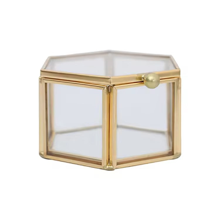 Hexagon Glass Jewelry Box – Gold Frame (7x4.5cm) #JB2960