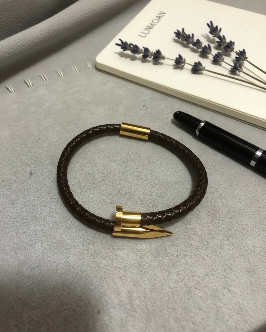 Luxury Nail Bracelet – Black or Brown Leather & Gold Stainless Steel #BL3893