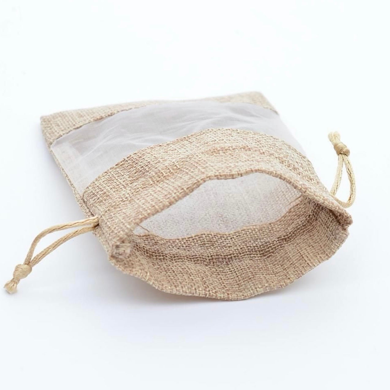 X12pcs Natural Burlap Gift Bag with Transparent Window – Drawstring Pouch #GB4006