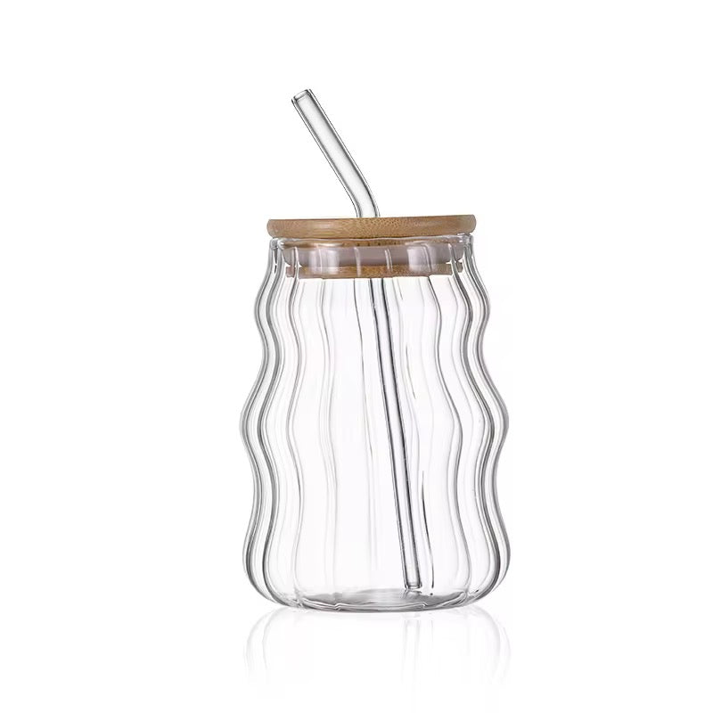 Wavy Glass Cup with Bamboo Lid & Glass Straw #GM3967