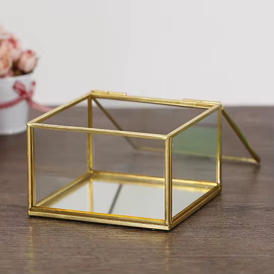 Square Glass Jewelry Box – Gold Frame (6x6x4cm) #JB2961