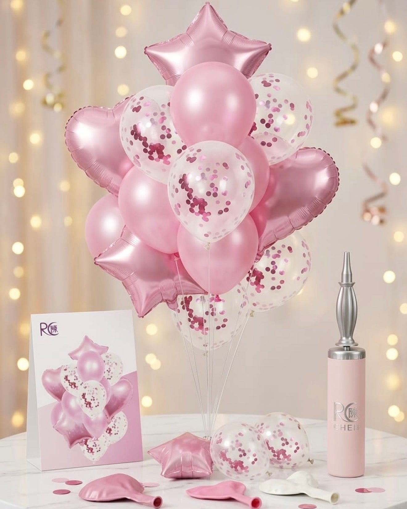 Pink Luxury Balloon Bouquet Kit – Star & Heart Confetti Set #BS3219