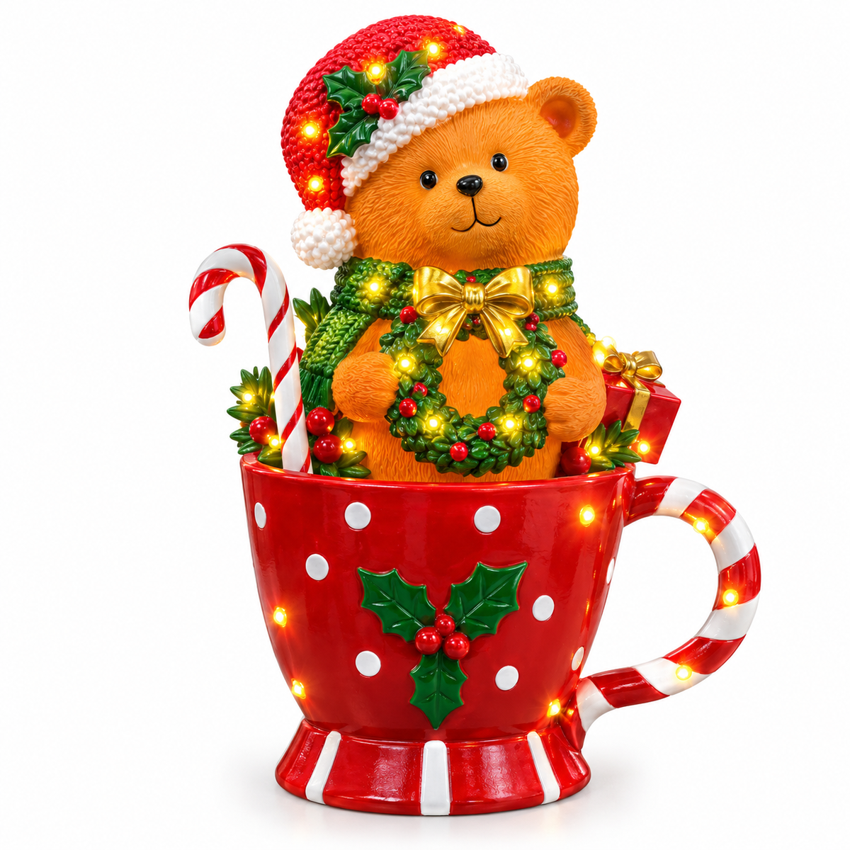 Christmas LED Teddy Bear in Festive Mug – 30cm #CD4429