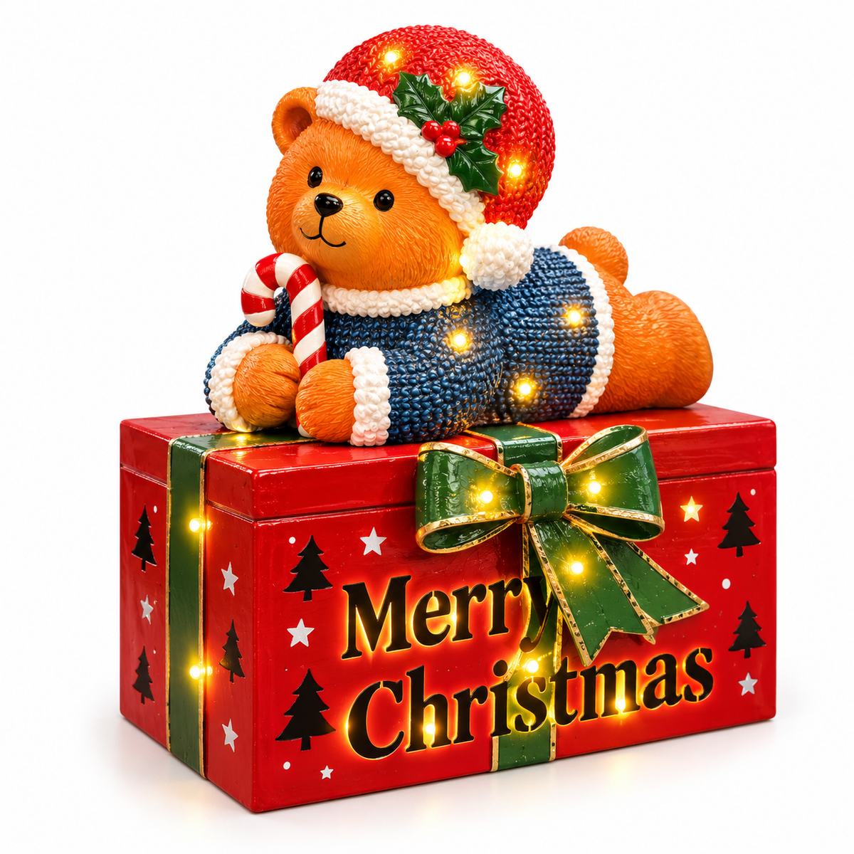 Christmas LED Teddy Bear on Gift Box – 20cm #CD4428