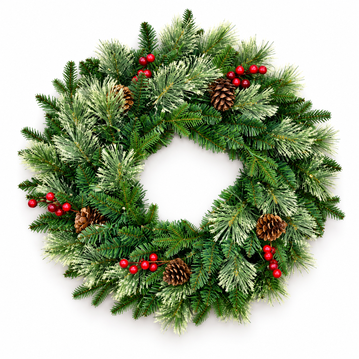 Frosted Christmas Wreath with Pinecones & Red Berries – 60cm #FF4439