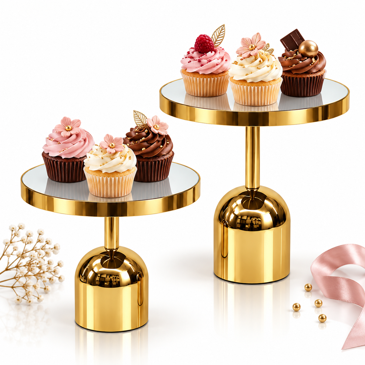 Round Mirrored Display Stands – Set of 2 #DT4218