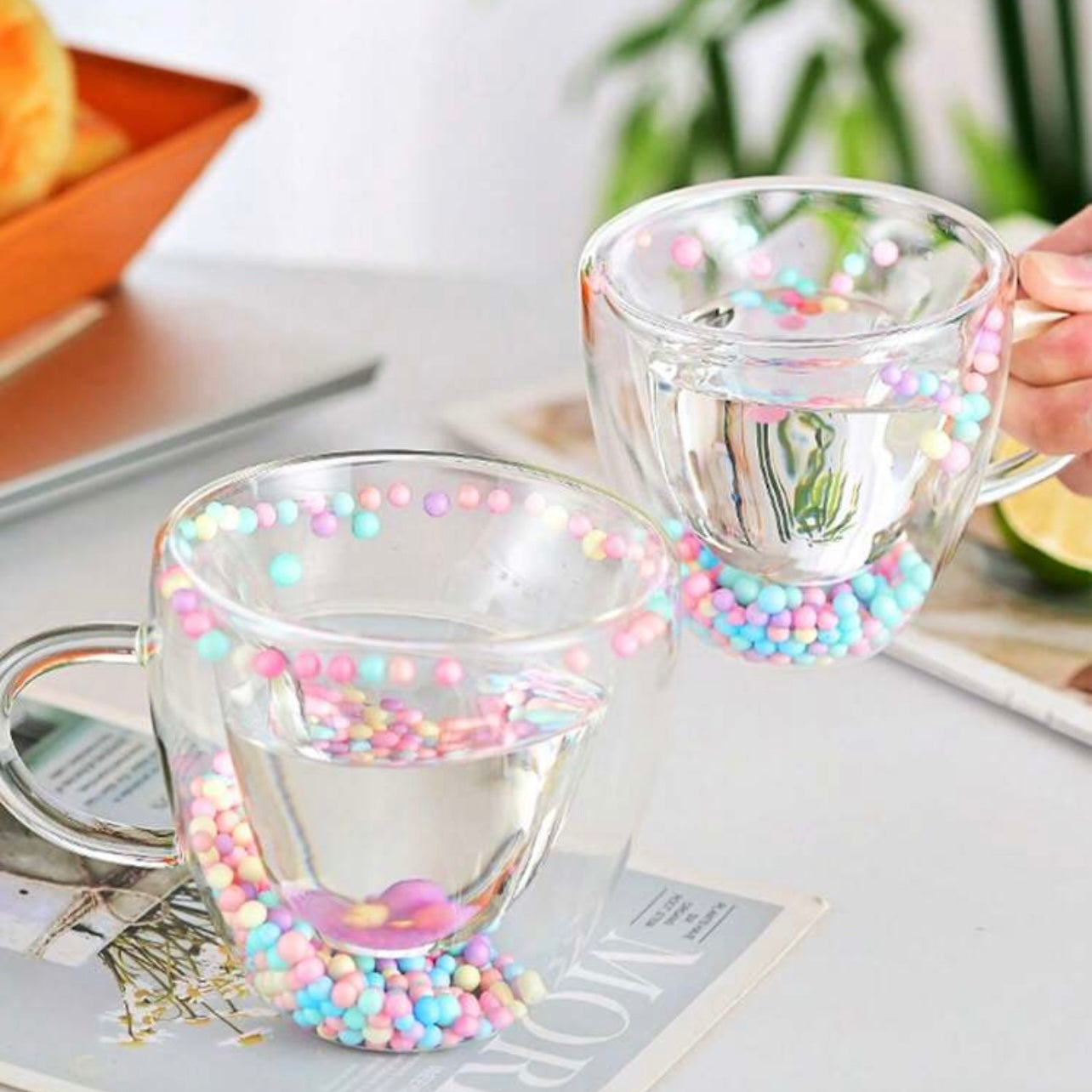 Double Walled Glass Feather Design Cup, High Borosilicate Double Layer Glass Cup For Breakfast Milk Coffee, Drinking Cup For Home #GC1450