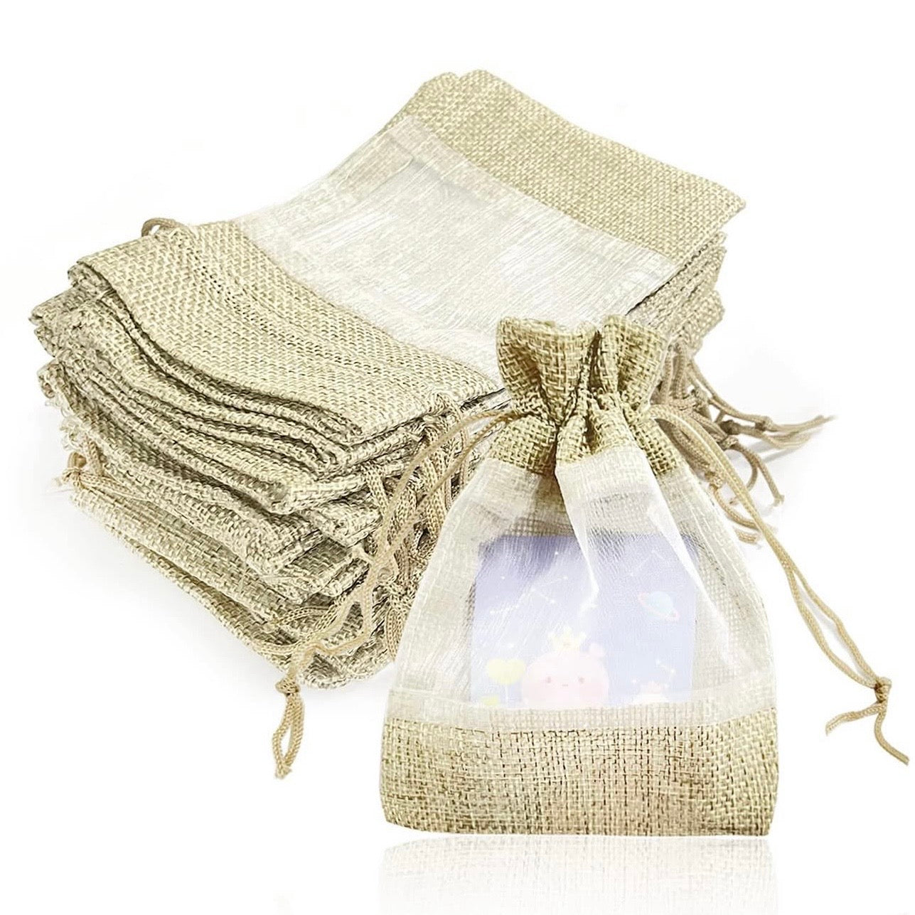 X12pcs Natural Burlap Gift Bag with Transparent Window – Drawstring Pouch #GB4006