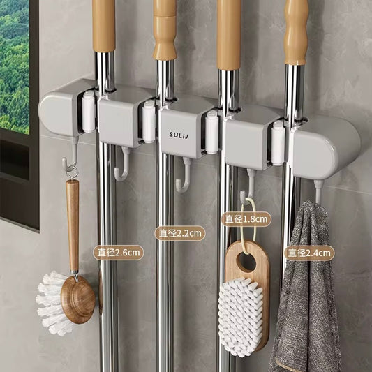 Wall-Mounted Mop & Broom Organizer – 4 Holders + 5 Hooks #GS3938