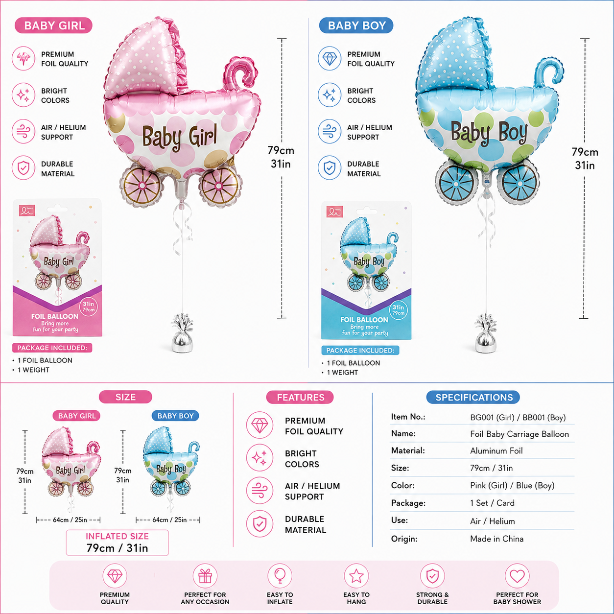 Baby Carriage Foil Balloon – 79 cm #BFGF003