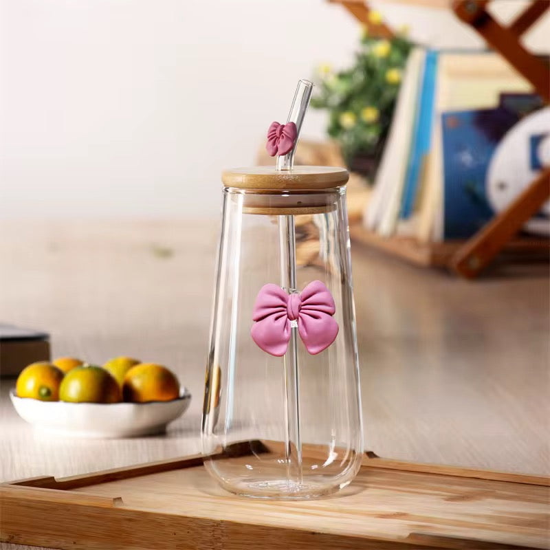 400ml Glass Milk & Coffee Bottle with Bow Silicone Decor – Bamboo Lid & Straw #GJ2578