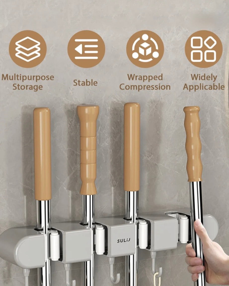 Wall-Mounted Mop & Broom Organizer – 4 Holders + 5 Hooks #GS3938
