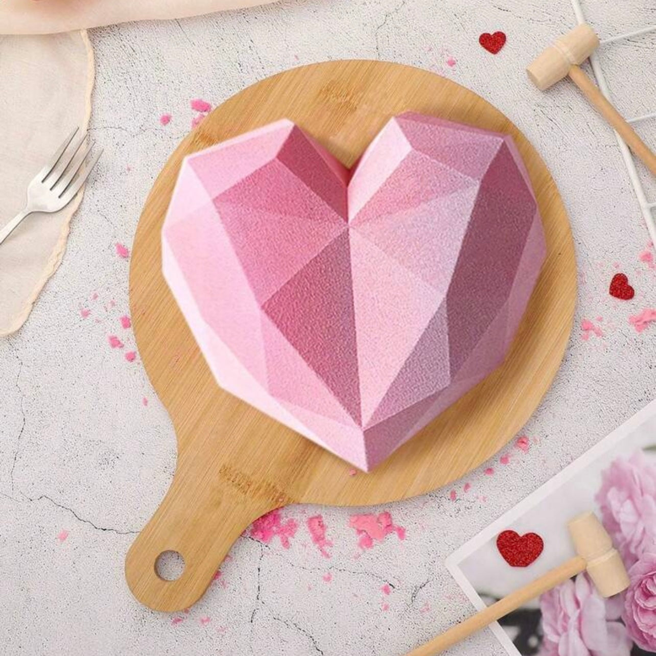 7.8” Chocolate Diamond Heart Silicone Molds With 1 Mini Wooden Hammer  #SM1657