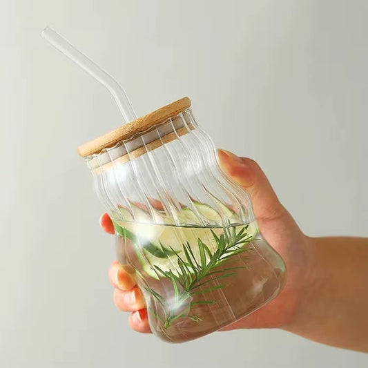 Wavy Glass Cup with Bamboo Lid & Glass Straw  #GM3967