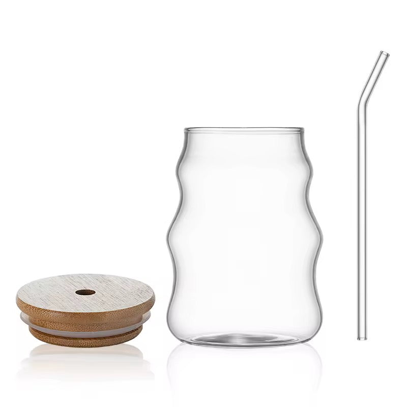 Wavy Glass Cup with Bamboo Lid & Glass Straw  #GM3966