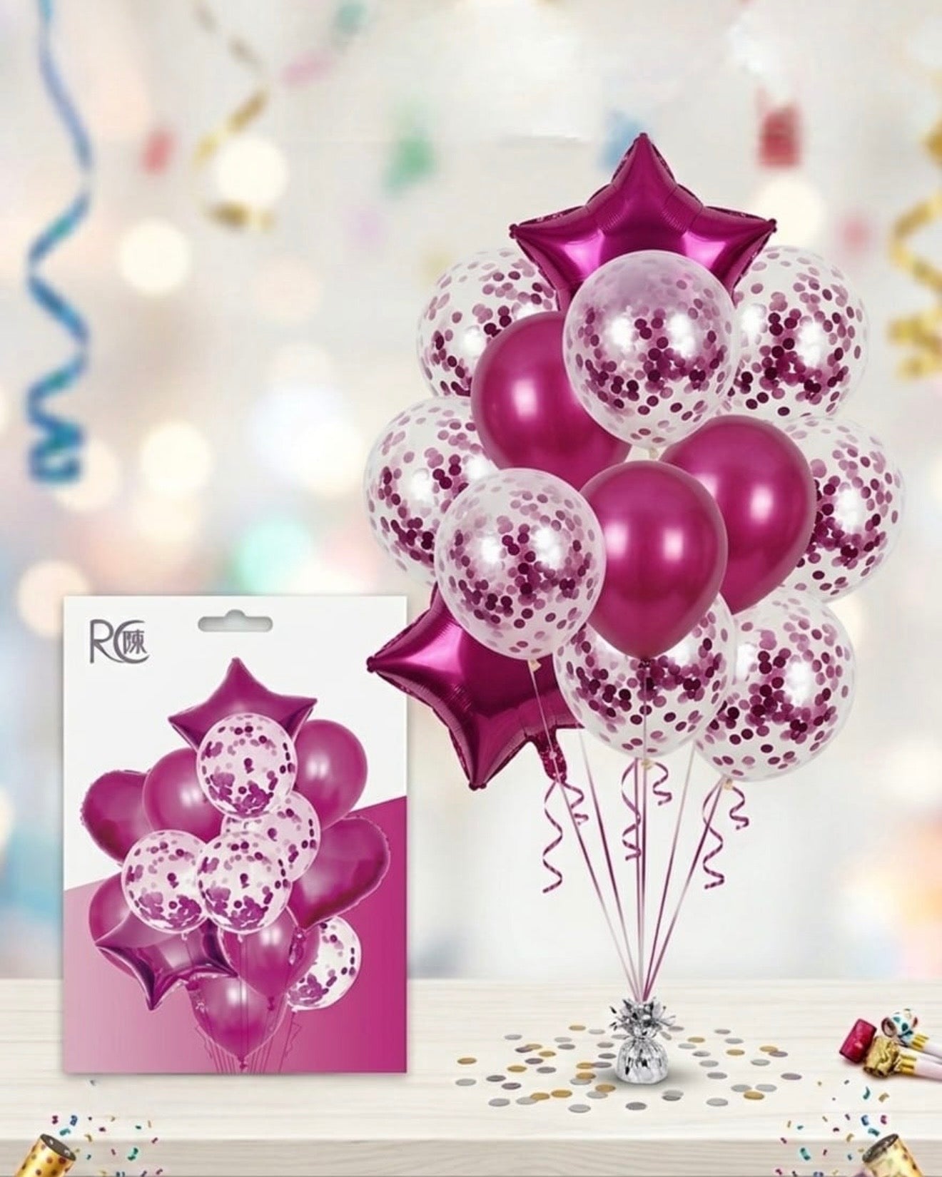 Fuchsia Confetti Balloon Bouquet Set – Foil Star Edition #BS3213