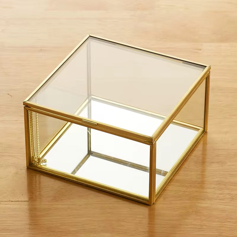 Square Glass Jewelry Box – Gold Frame (6x6x4cm) #JB2961