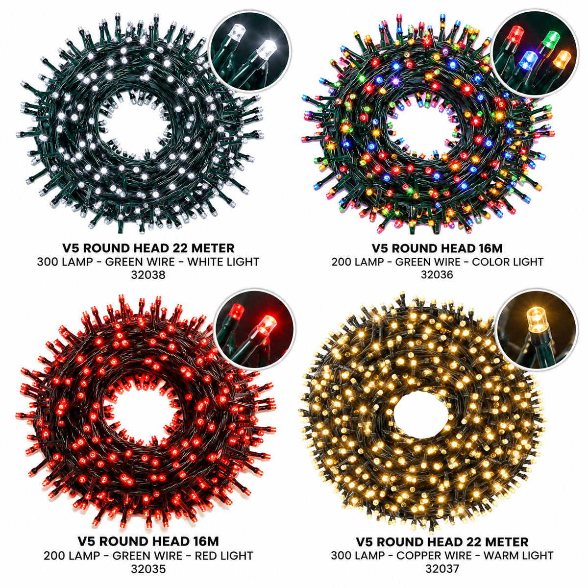 V5 Round Head LED Christmas String Lights – Multiple Colors & Lengths #CL4445