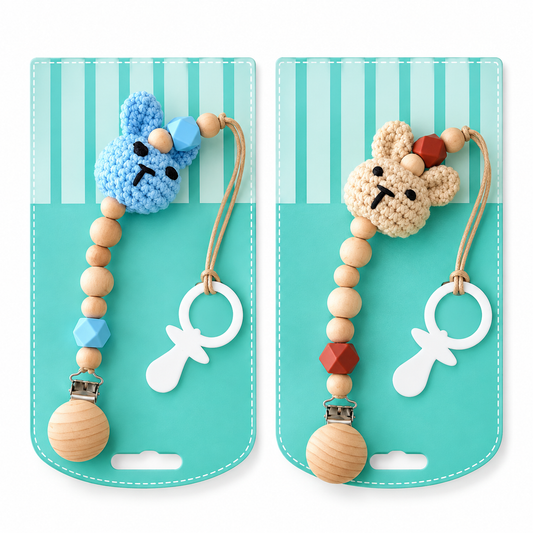 Crochet Bunny Wooden Bead Baby Pacifier Clip #CC4393