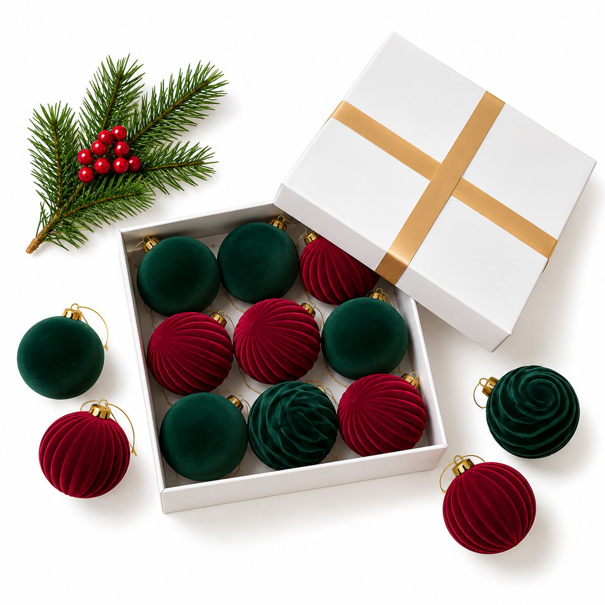 Velvet Christmas Ornaments Set – 8cm, 9pcs #CB4370