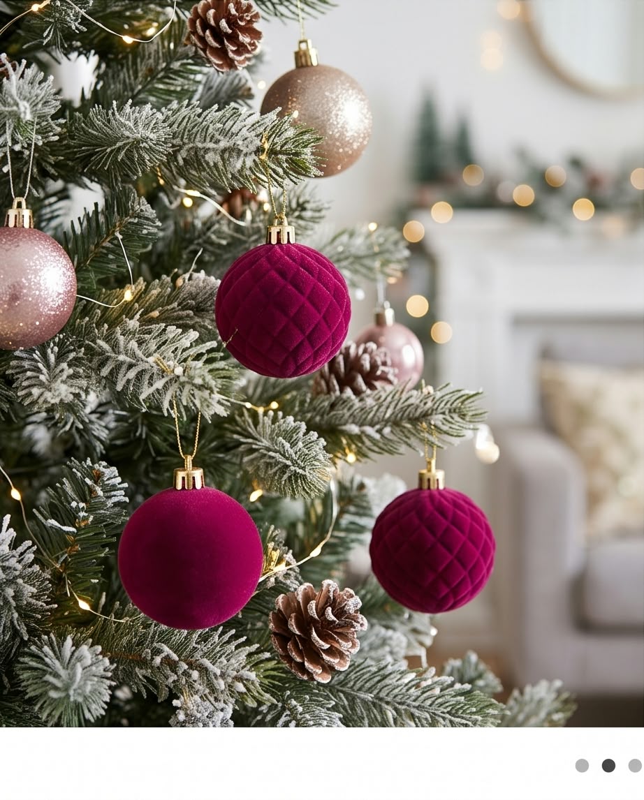 Velvet-Flocked Christmas Tree Ornaments – 6cm, Set of 6 #CB4369