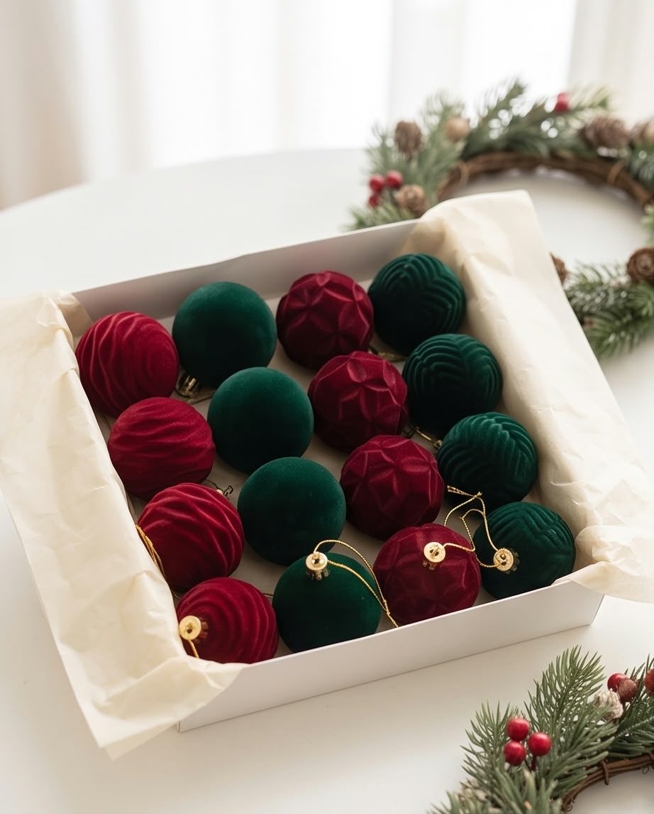 Velvet Christmas Baubles Set – 6cm, 12pcs #CB4371