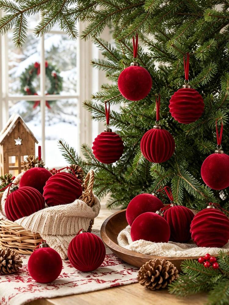 Red Velvet Christmas Ornaments – 8cm, Set of 6 #VB4373