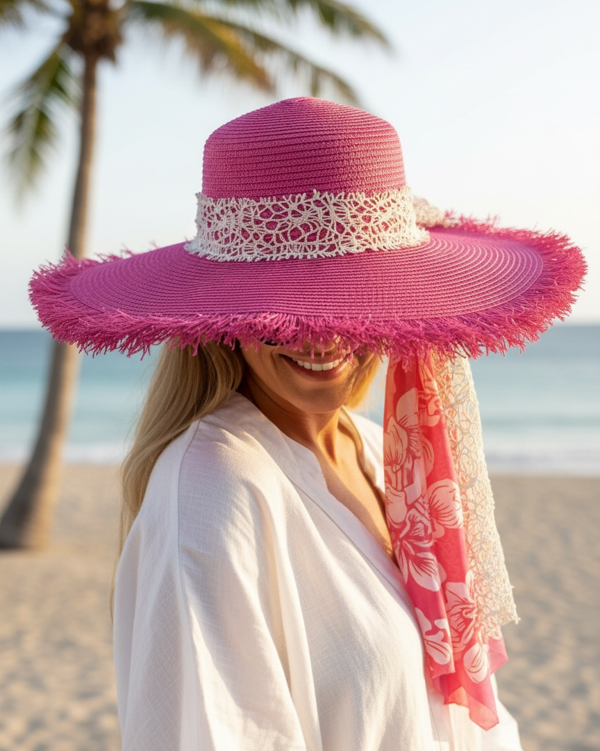 Women’s Pink Lace Ribbon Sun Hat #SB3833