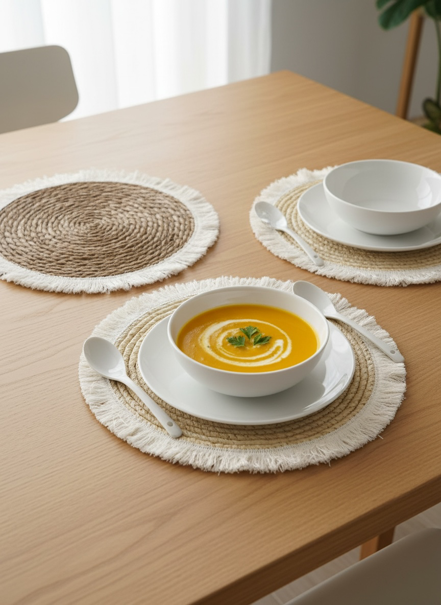 Round Jute Placemat with Cotton Fringe – 32 cm #JP3970