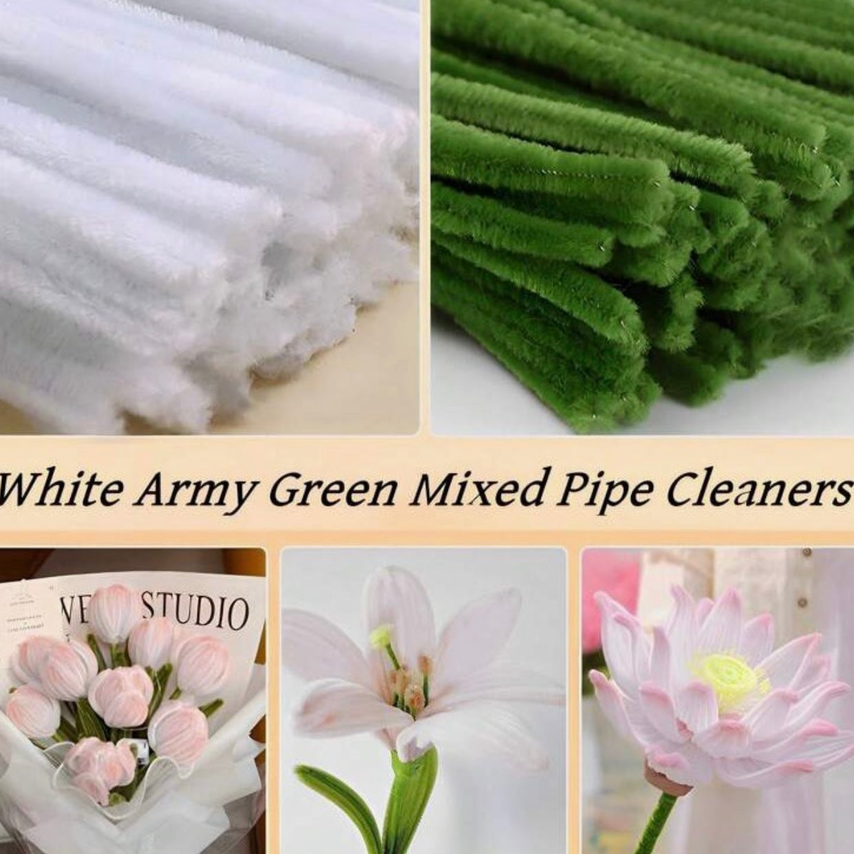100pcs White Army Green Mixed Pipe Cleaners - 30cm x 6mm #CS1798