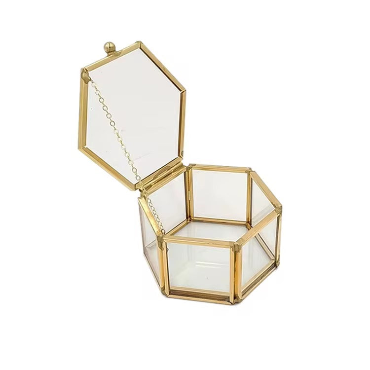 Hexagon Glass Jewelry Box – Gold Frame (7x4.5cm) #JB2960