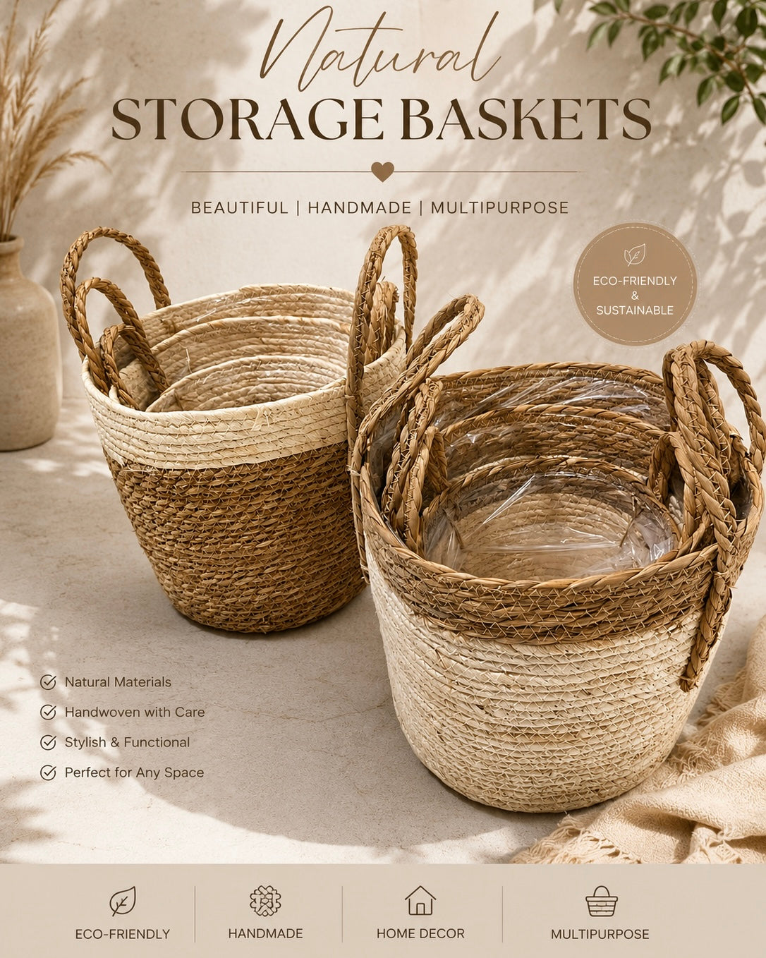 X3pcs Handwoven Seagrass Storage Basket #HB3939