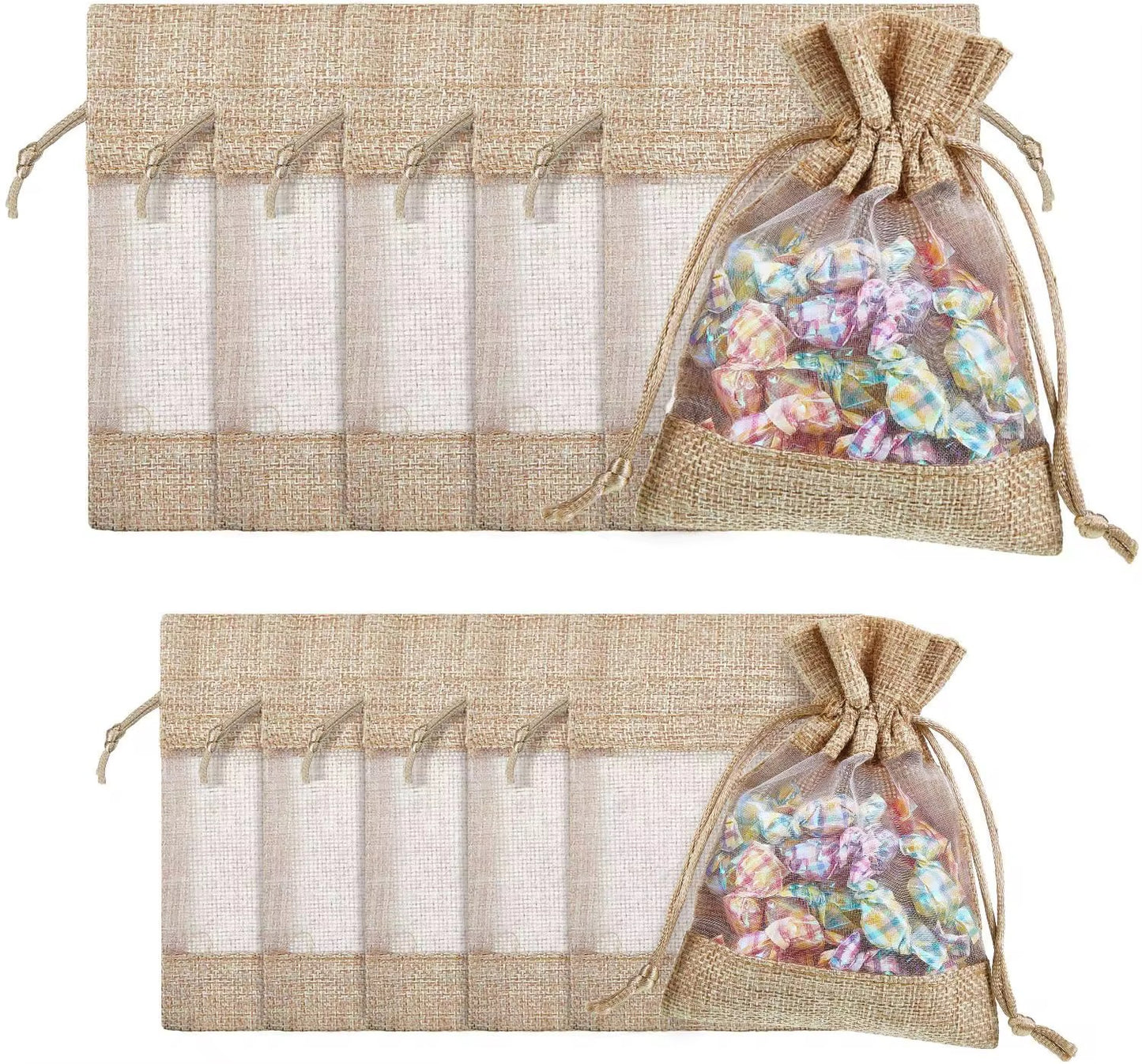 X12pcs Natural Burlap Gift Bag with Transparent Window – Drawstring Pouch #GB4006