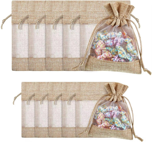 X12pcs Natural Burlap Gift Bag with Transparent Window – Drawstring Pouch #GB4006