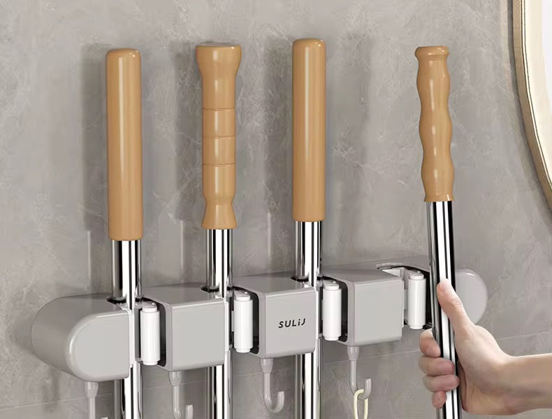Wall-Mounted Mop & Broom Organizer – 4 Holders + 5 Hooks #GS3938