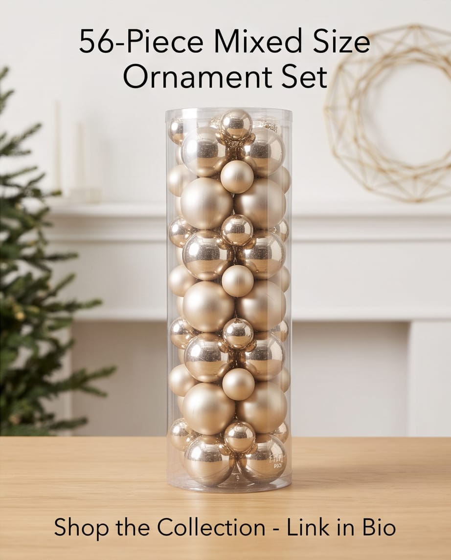 Set of 56 Gold & Champagne Christmas Ball Ornaments – Mixed Sizes #CD4533