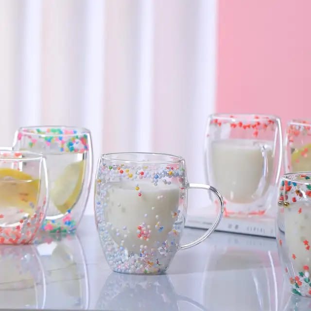 Double Walled Glass Feather Design Cup, High Borosilicate Double Layer Glass Cup For Breakfast Milk Coffee, Drinking Cup For Home #GC1450