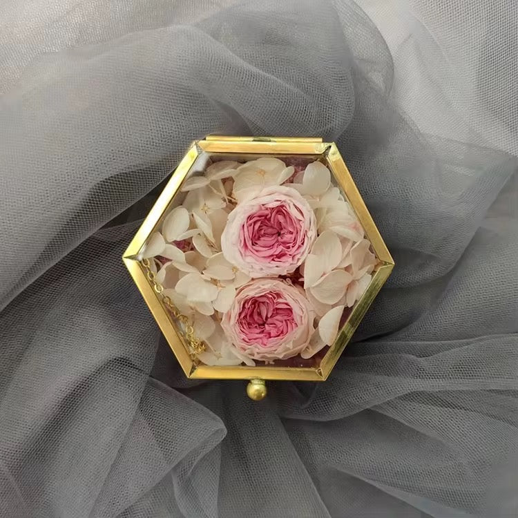 Hexagon Glass Jewelry Box – Gold Frame (7x4.5cm) #JB2960