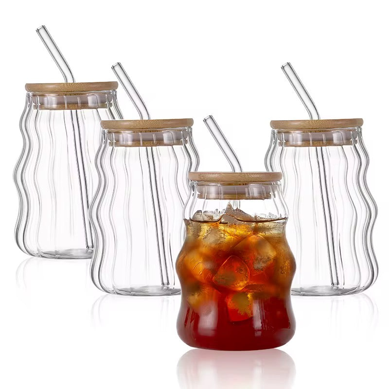 Wavy Glass Cup with Bamboo Lid & Glass Straw  #GM3967