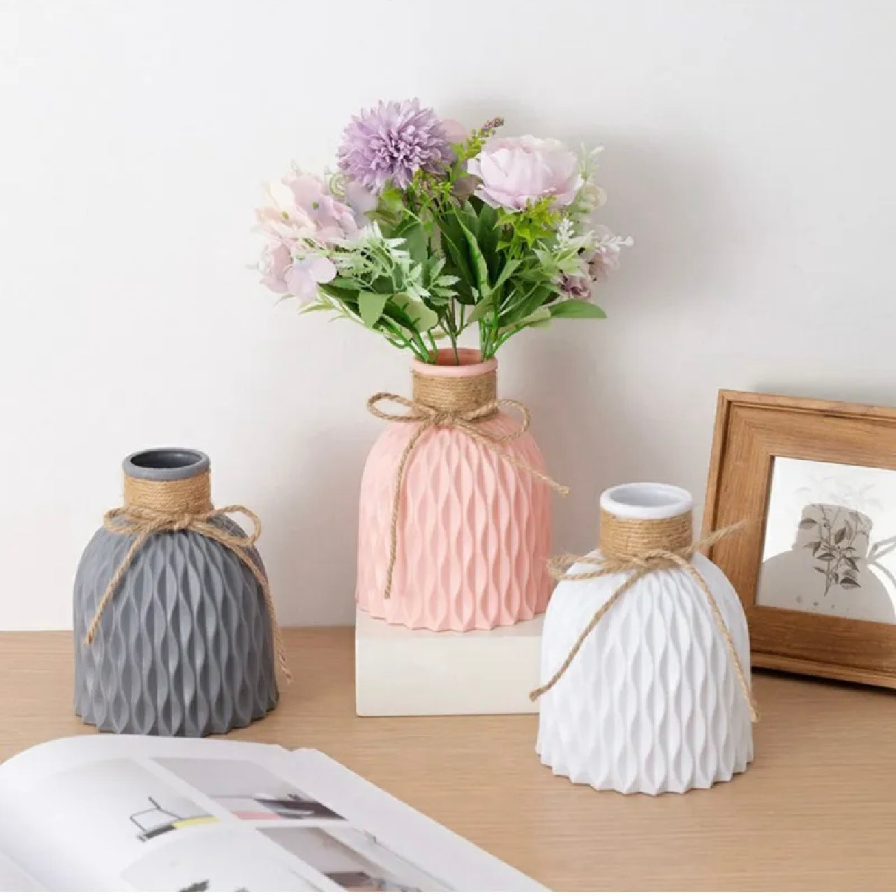 Plastic Water Ripple Design PP Vase Artificial Flower Container Home Office Decoration #GV2816