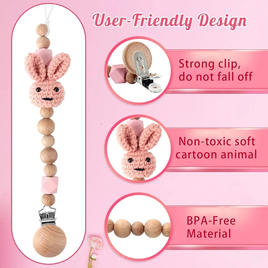 Crochet Bunny Wooden Bead Baby Pacifier Clip #CC4393