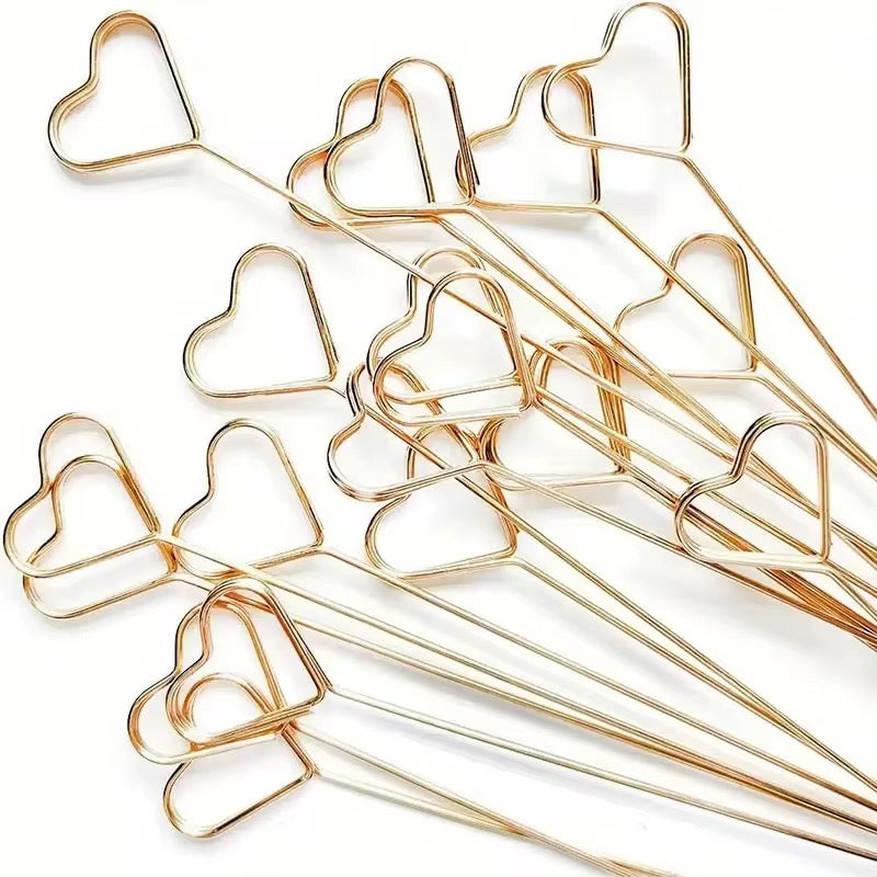 X10pcs Heart-Shaped Metal Flower Picks, Card & Message Holder (Gold) #FP2721
