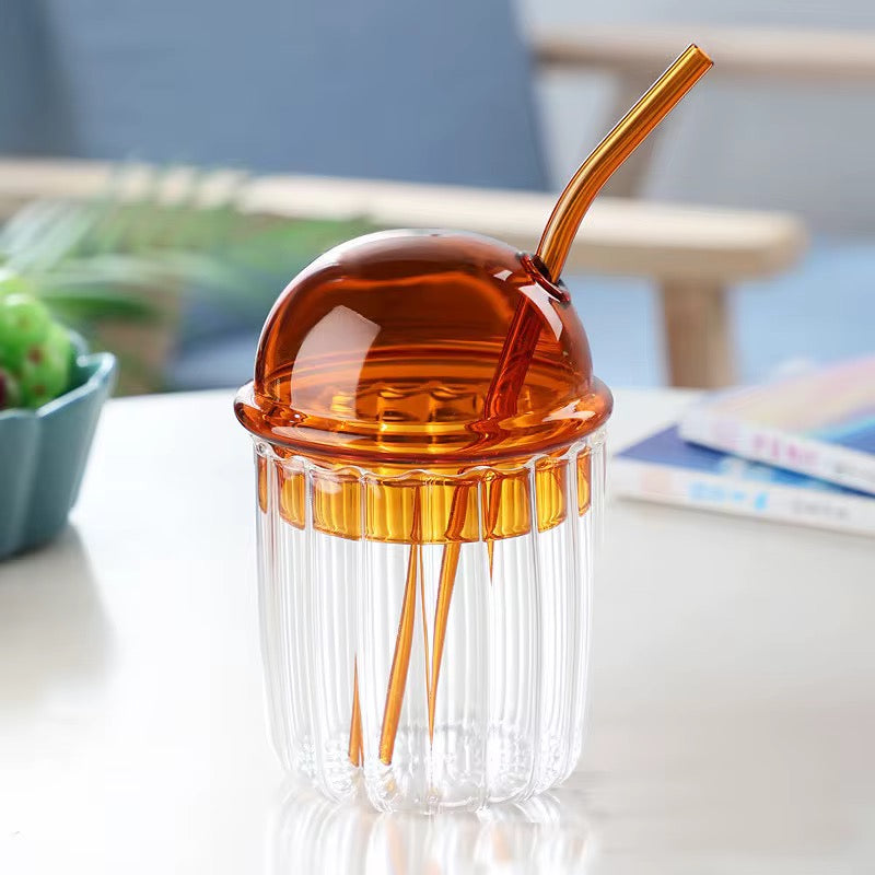 Ribbed Glass Cup with Dome Lid & Glass Straw #GM3969